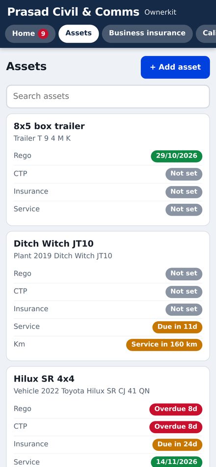 List of vehicles and plant with status chips