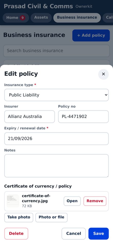 An insurance policy record with a certificate attached